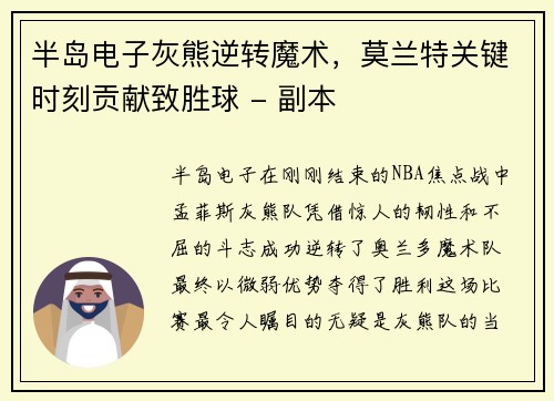 半岛电子灰熊逆转魔术，莫兰特关键时刻贡献致胜球 - 副本