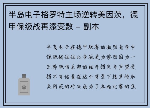 半岛电子格罗特主场逆转美因茨，德甲保级战再添变数 - 副本