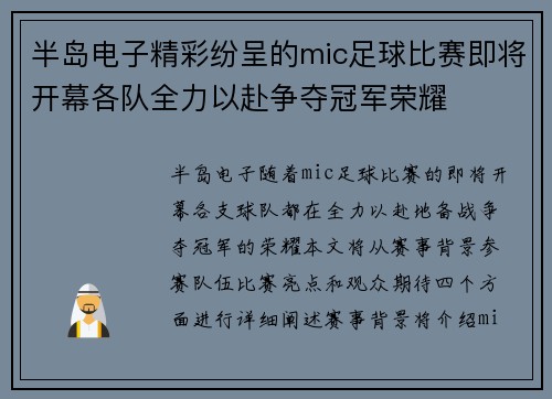 半岛电子精彩纷呈的mic足球比赛即将开幕各队全力以赴争夺冠军荣耀