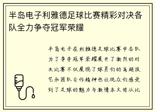 半岛电子利雅德足球比赛精彩对决各队全力争夺冠军荣耀