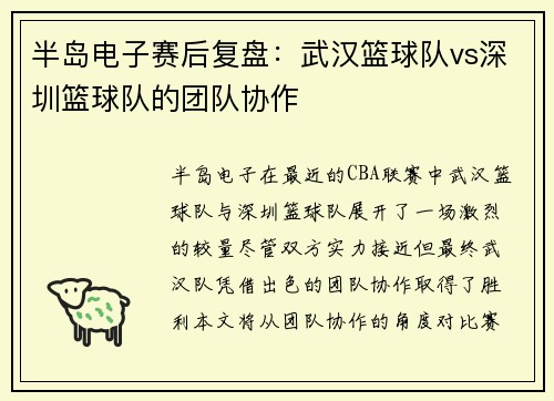 半岛电子赛后复盘：武汉篮球队vs深圳篮球队的团队协作