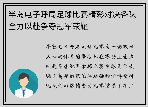 半岛电子呼局足球比赛精彩对决各队全力以赴争夺冠军荣耀