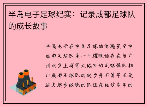 半岛电子足球纪实：记录成都足球队的成长故事