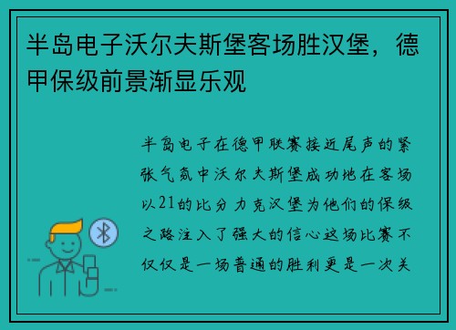半岛电子沃尔夫斯堡客场胜汉堡，德甲保级前景渐显乐观
