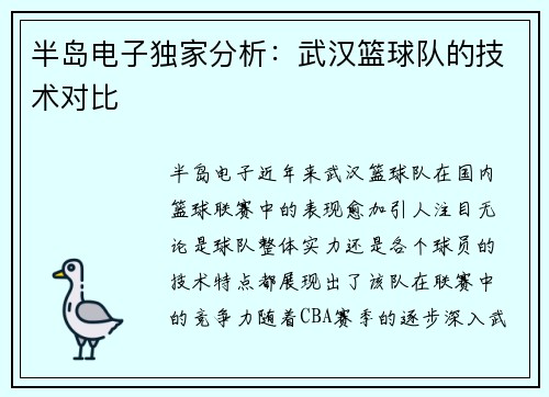 半岛电子独家分析：武汉篮球队的技术对比