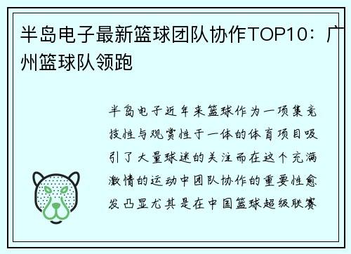 半岛电子最新篮球团队协作TOP10：广州篮球队领跑