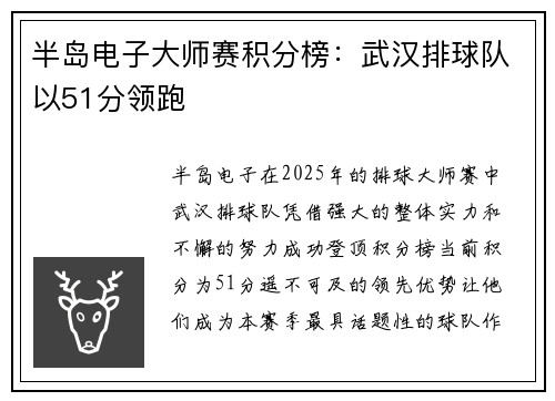 半岛电子大师赛积分榜：武汉排球队以51分领跑