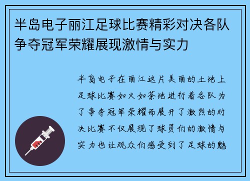 半岛电子丽江足球比赛精彩对决各队争夺冠军荣耀展现激情与实力