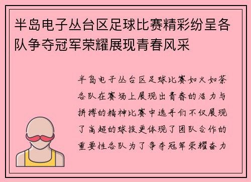 半岛电子丛台区足球比赛精彩纷呈各队争夺冠军荣耀展现青春风采