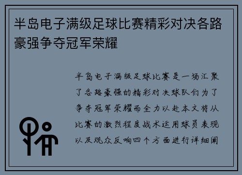 半岛电子满级足球比赛精彩对决各路豪强争夺冠军荣耀