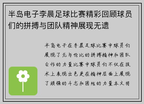 半岛电子李晨足球比赛精彩回顾球员们的拼搏与团队精神展现无遗