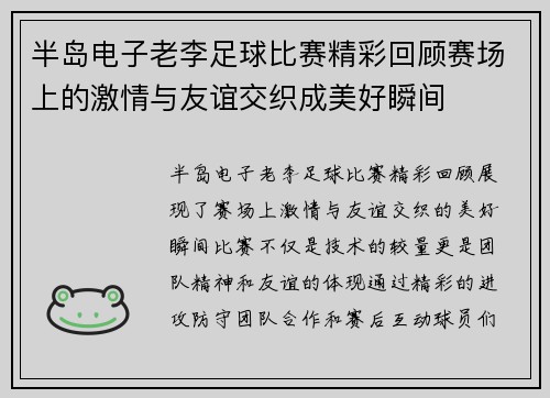 半岛电子老李足球比赛精彩回顾赛场上的激情与友谊交织成美好瞬间