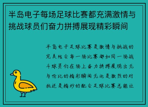 半岛电子每场足球比赛都充满激情与挑战球员们奋力拼搏展现精彩瞬间