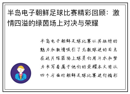半岛电子朝鲜足球比赛精彩回顾：激情四溢的绿茵场上对决与荣耀