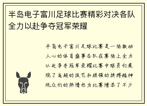 半岛电子富川足球比赛精彩对决各队全力以赴争夺冠军荣耀