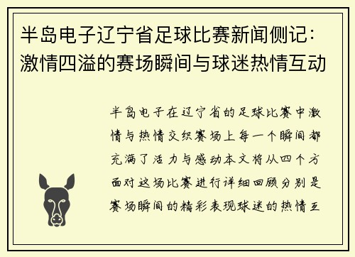 半岛电子辽宁省足球比赛新闻侧记：激情四溢的赛场瞬间与球迷热情互动的精彩回顾