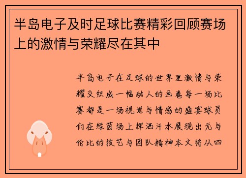 半岛电子及时足球比赛精彩回顾赛场上的激情与荣耀尽在其中