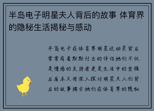 半岛电子明星夫人背后的故事 体育界的隐秘生活揭秘与感动