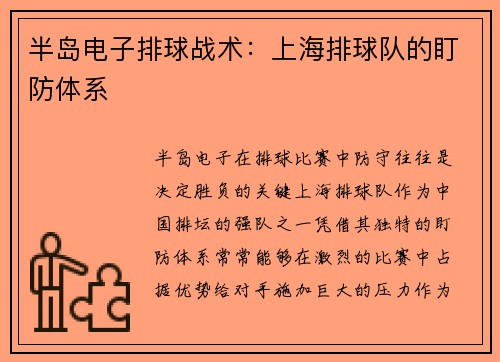 半岛电子排球战术：上海排球队的盯防体系