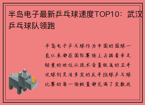 半岛电子最新乒乓球速度TOP10：武汉乒乓球队领跑